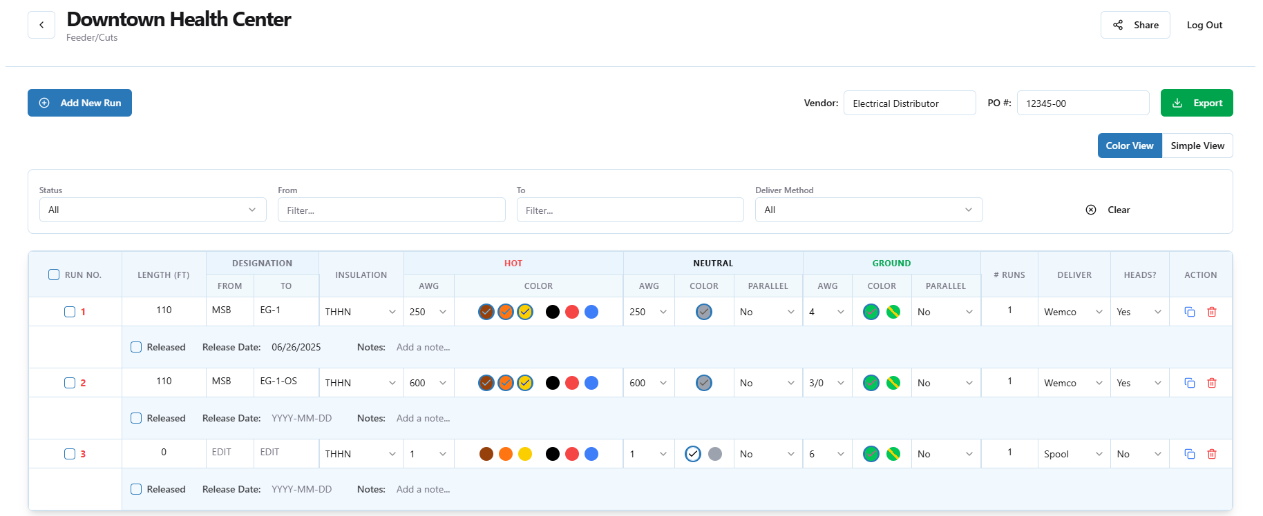 Screenshot of the Feeder/Cuts application interface, showing a detailed schedule table and summary tabs for Bill of Materials and wire totals.